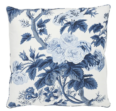 Pyne Hollyhock Pillow Cover in Indigo Blue showing floral pattern and ivory linen backing