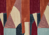 Abstract geometric pattern with overlapping shapes in claret red, burnt orange, muted pink, light blue, and black, creating a layered, textured textile design.