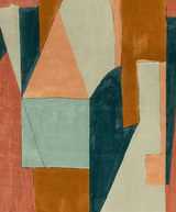 Abstract pillow cover with geometric shapes in muted apricot, teal, rust, and beige tones creating a modern, layered composition.