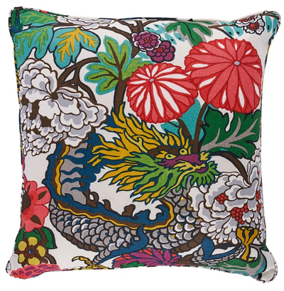 Chiang Mai Dragon Pillow Cover in Alabaster by DEKOWE, showing floral printed front and ivory linen back