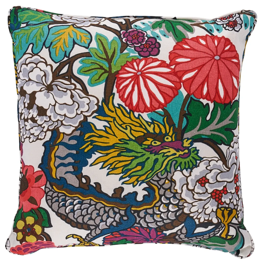 Chiang Mai Dragon Pillow Cover in Alabaster by DEKOWE, showing floral printed front and ivory linen back