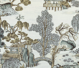 Grey-toned fabric with an Asian-inspired scenic print featuring pagodas, stylized trees, a curved bridge, and water elements in muted green, blue, and beige hues.