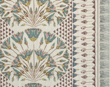 Textured fabric with symmetrical floral and geometric patterns in muted blue, olive green, and brown on a cream background with striped border detail.