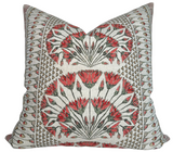 Square pillow cover with coral printed fabric front and ivory linen back