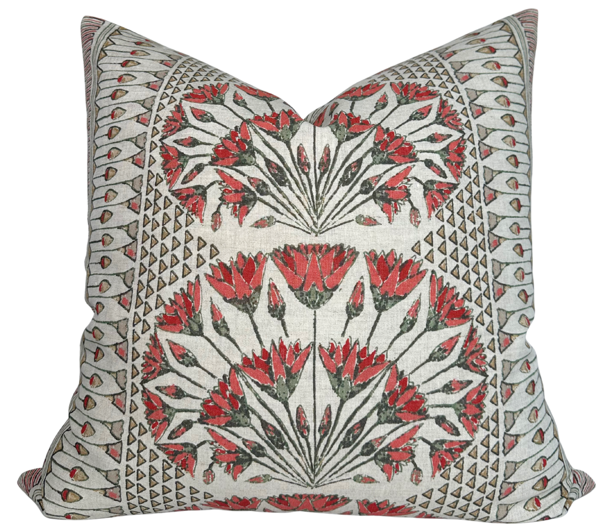 Square pillow cover with coral printed fabric front and ivory linen back