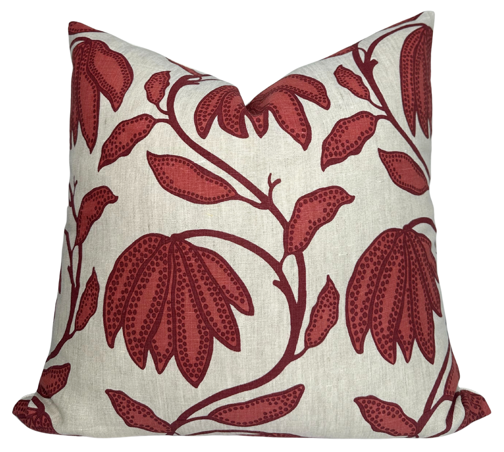 Desert Floral Pillow Cover in sunbaked red displaying vibrant floral pattern with ivory linen backing