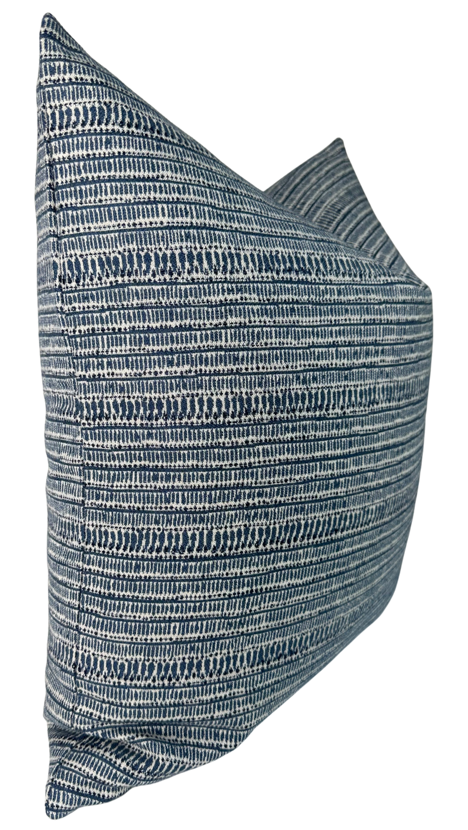 Square pillow with a horizontal striped pattern in varying shades of blue and white, featuring a textured woven fabric and a slightly tapered side profile.