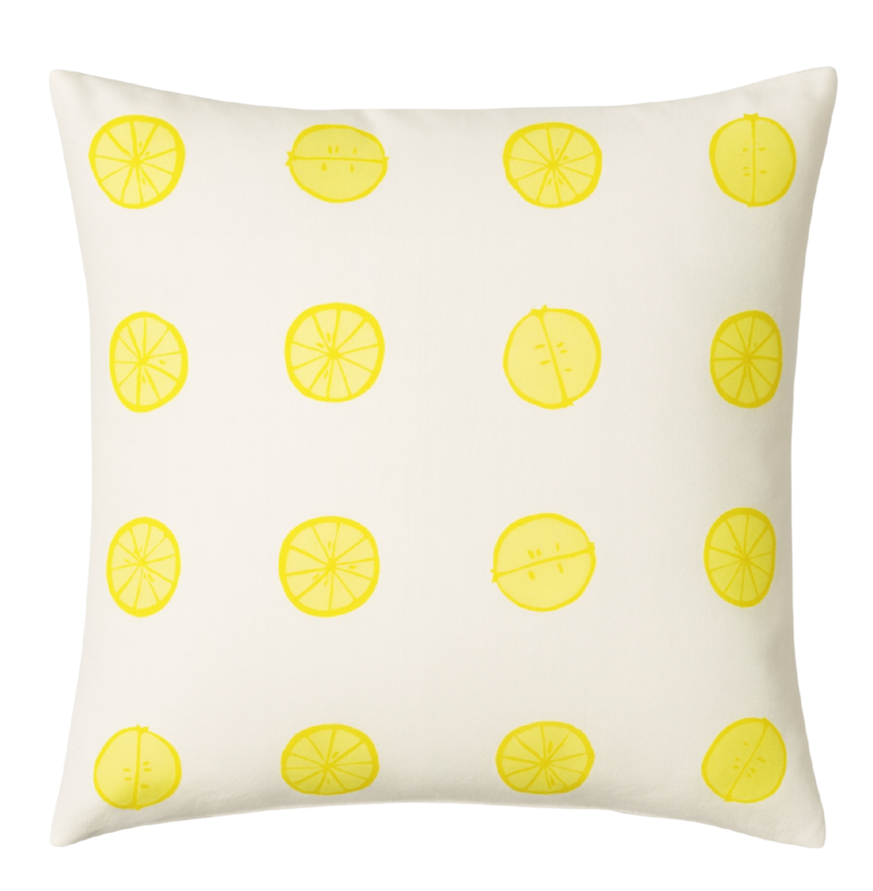 Bright yellow Lemonade printed pillow cover with ivory linen backing