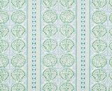 Pattern of repeating circular motifs with green tree-like designs inside, separated by vertical blue and green striped bands on a white background.