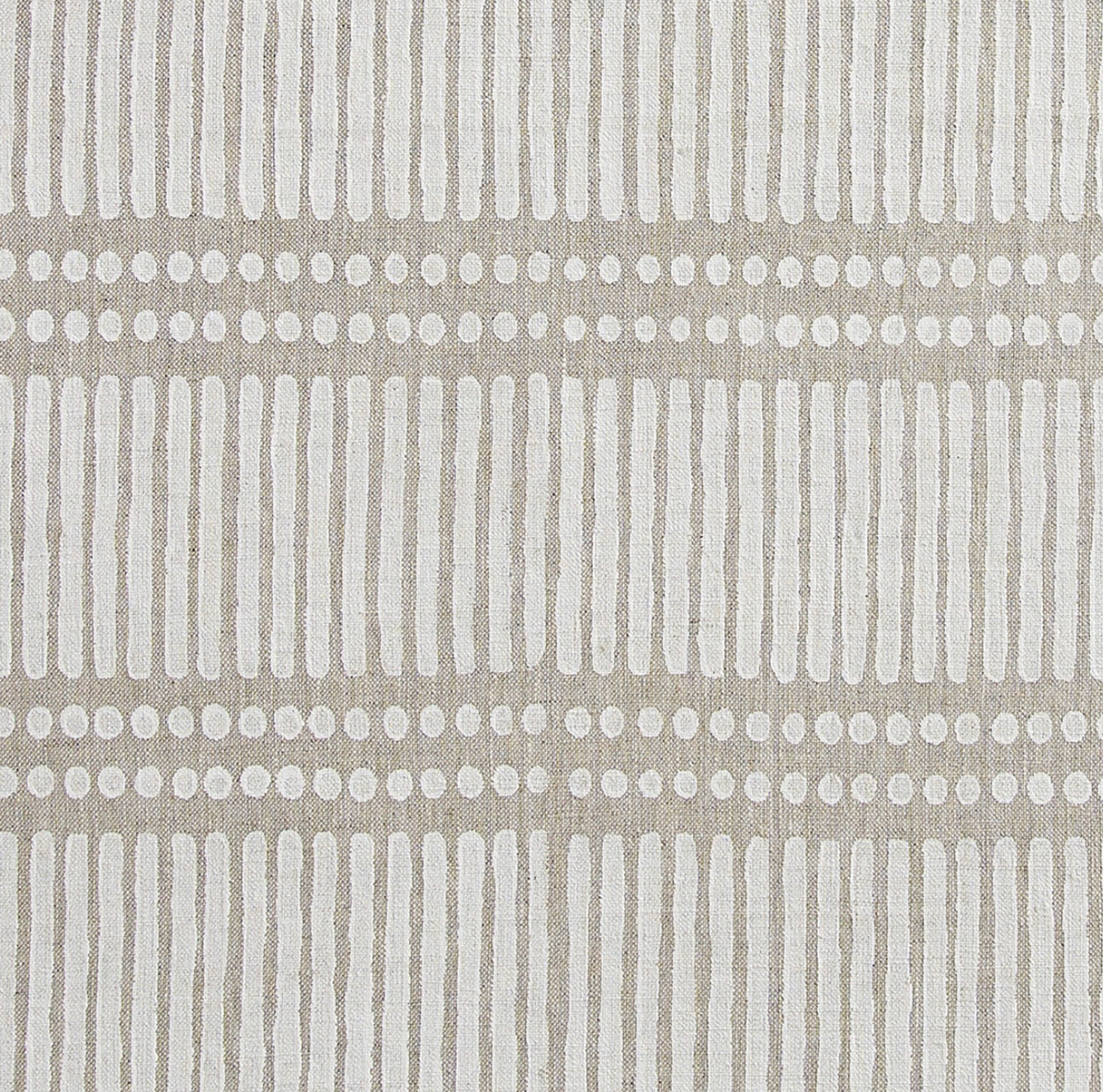 Beige pillow cover with white vertical dash and dot pattern arranged in horizontal rows, creating a modern textured design.
