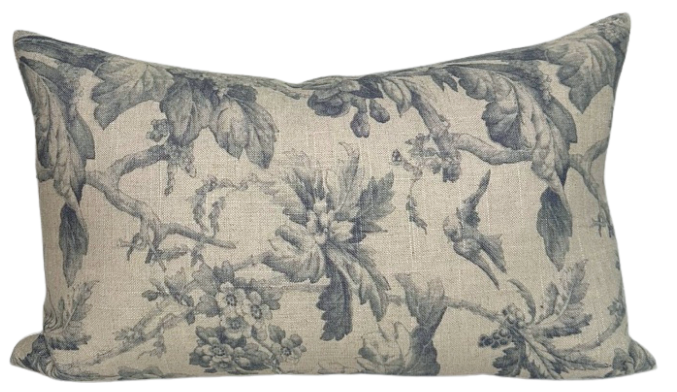 Lita Floral Print Pillow Cover in Blue showing floral fabric front and ivory linen back