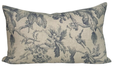 Lita Floral Print Pillow Cover in Blue showing floral fabric front and ivory linen back