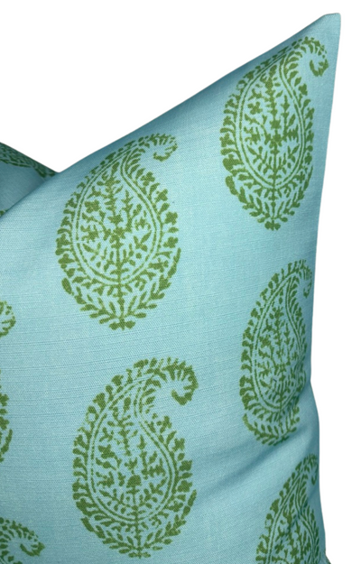 Kashmir Paisley Floral Pillow Cover in Green and Blue, Indoor/Outdoor Pillows, Peter Dunham Textiles