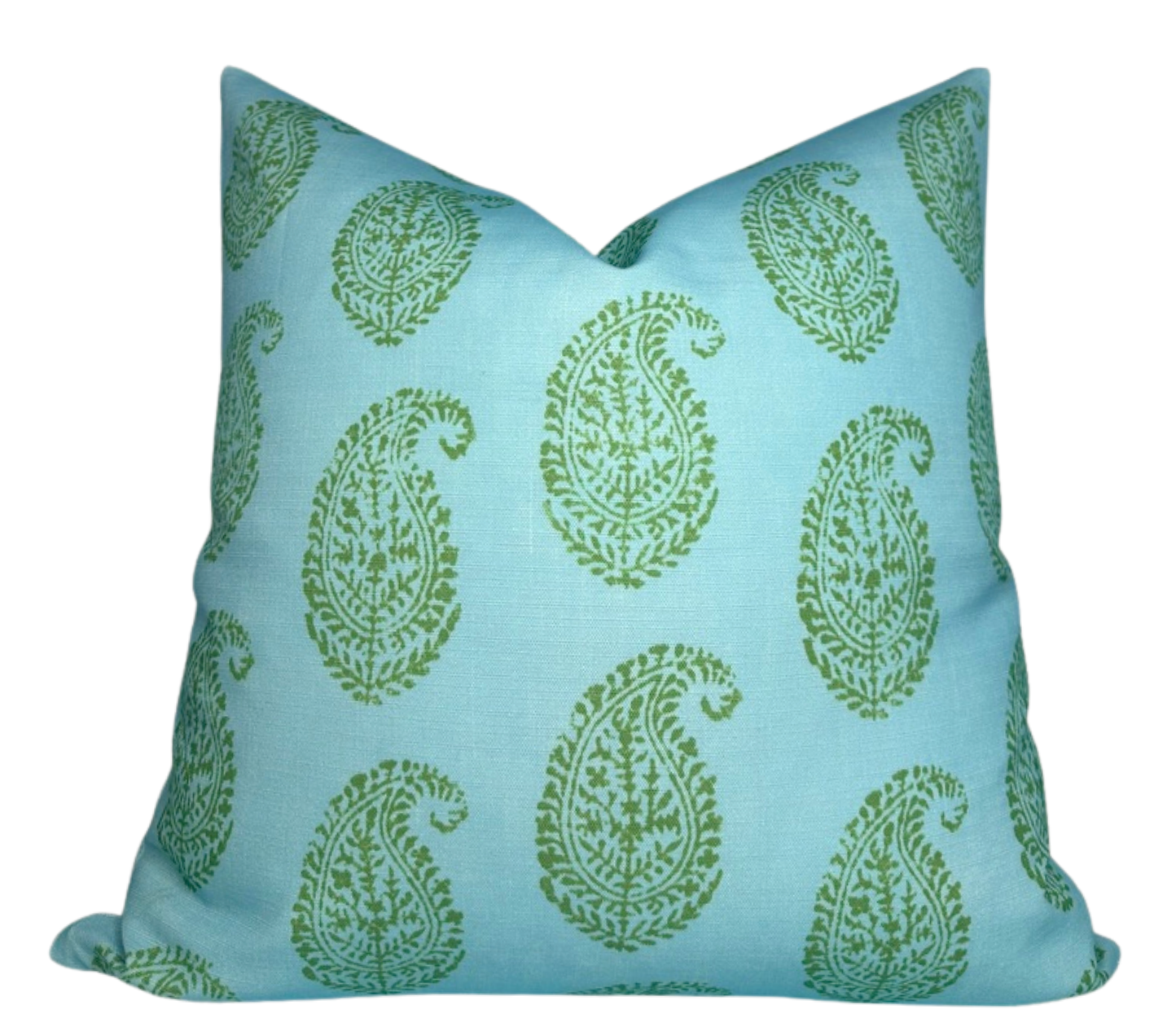 Kashmir Paisley Floral Pillow Cover in green and blue displayed on a chair
