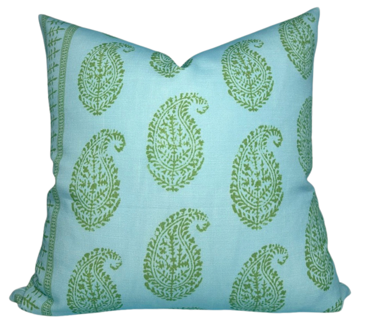Square pillow with sky blue fabric featuring a repeating pattern of green paisley floral motifs and decorative vertical borders on the side edges.