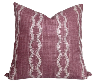 Zanzibar Pillow Cover in Pasha showing red patterned front print and ivory linen back