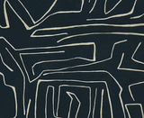 Abstract graffiti-inspired linear pattern in beige on a dark onyx blue fabric background, showing irregular, connected shapes and lines.