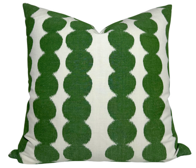 Full Circle Pillow Cover in Green by DEKOWE showing green printed front and ivory linen back fabric
