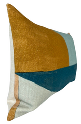 Rectangular pillow cover with a golden apricot rectangle intersected by teal and beige geometric shapes on a light neutral background.