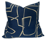 Kravet Abstract Pillow Cover featuring indigo and beige abstract woven front with navy linen backing.