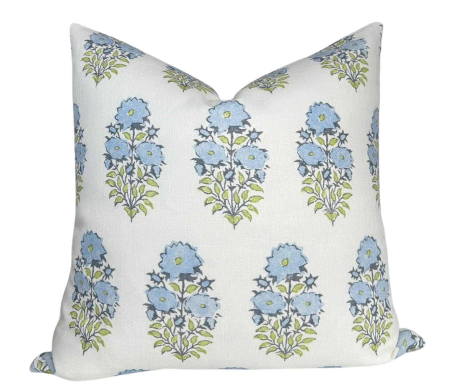 Mughal Flower Pillow Cover in Monsoon Blue resting on a couch showing centered floral pattern and ivory linen backing