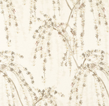 Beige fabric with delicate cascading branches and small floral clusters in soft brown and muted pink tones, creating a subtle weeping blossom pattern.