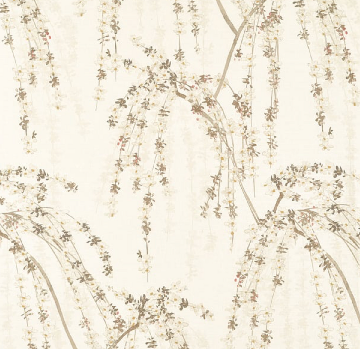 Beige fabric with delicate cascading branches and small floral clusters in soft brown and muted pink tones, creating a subtle weeping blossom pattern.