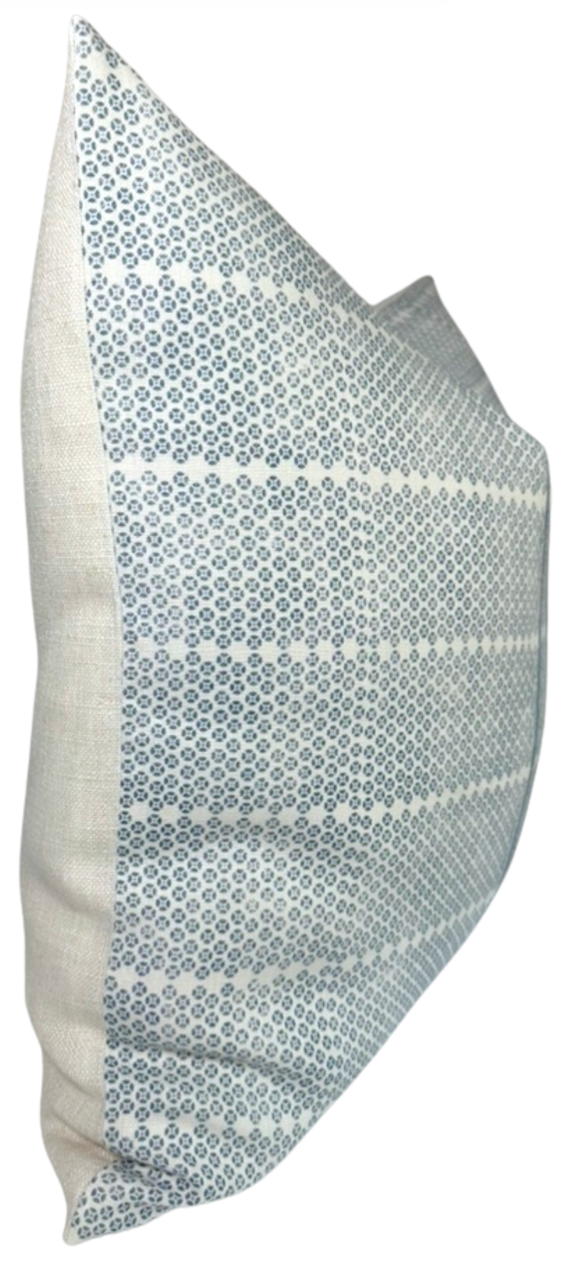 Rectangular pillow cover featuring horizontal rows of small blue geometric patterns on a light background, with plain light fabric on the sides.