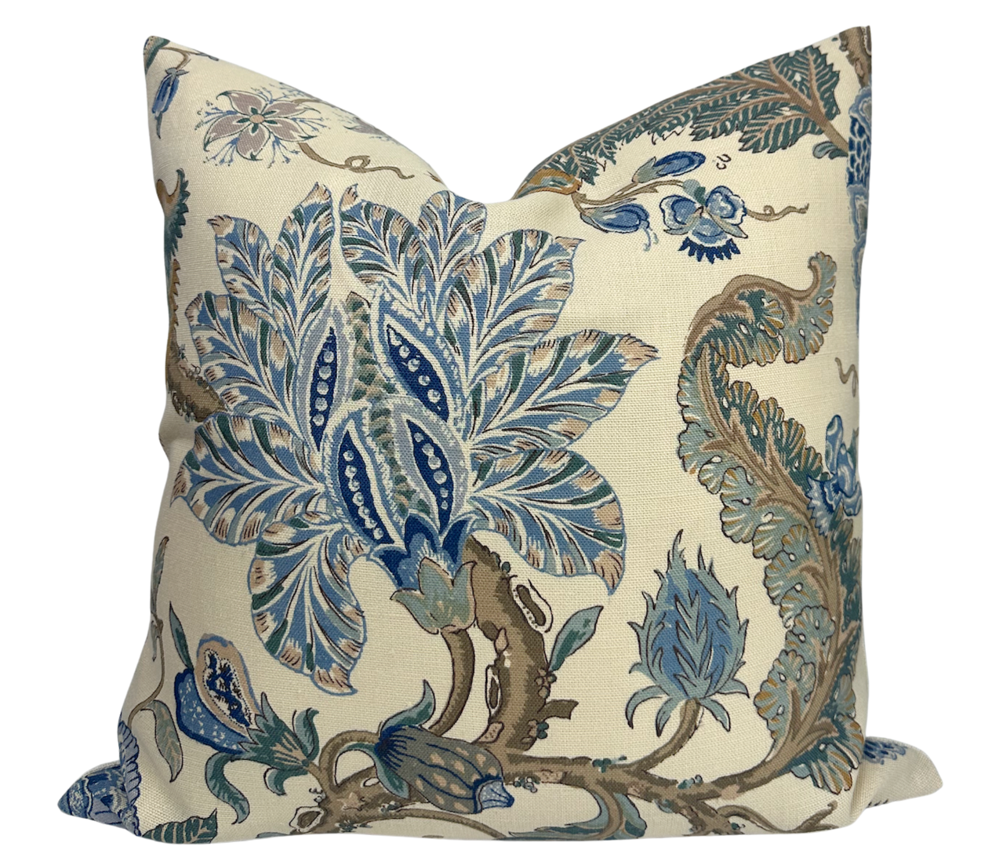 Chalfont Pillow Cover in Porcelain Blue showing floral cotton front and ivory linen back, neatly sewn with invisible zipper