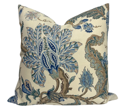 Chalfont Pillow Cover in Porcelain Blue showing floral cotton front and ivory linen back, neatly sewn with invisible zipper
