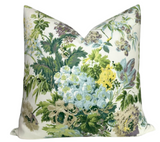 Garden Club Pillow Cover in Lavender front with floral print and ivory linen back displayed