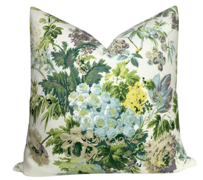 Garden Club Pillow Cover in Lavender front with floral print and ivory linen back displayed