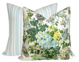 Square pillow covers featuring a front floral pattern with green, blue, yellow, and purple blooms and a back cover with soft blue and white vertical stripes.