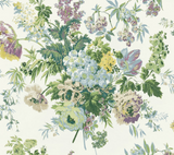 Lavender garden floral pattern with clusters of green leaves and pastel flowers, including blue, yellow, and purple blooms, on a white background.