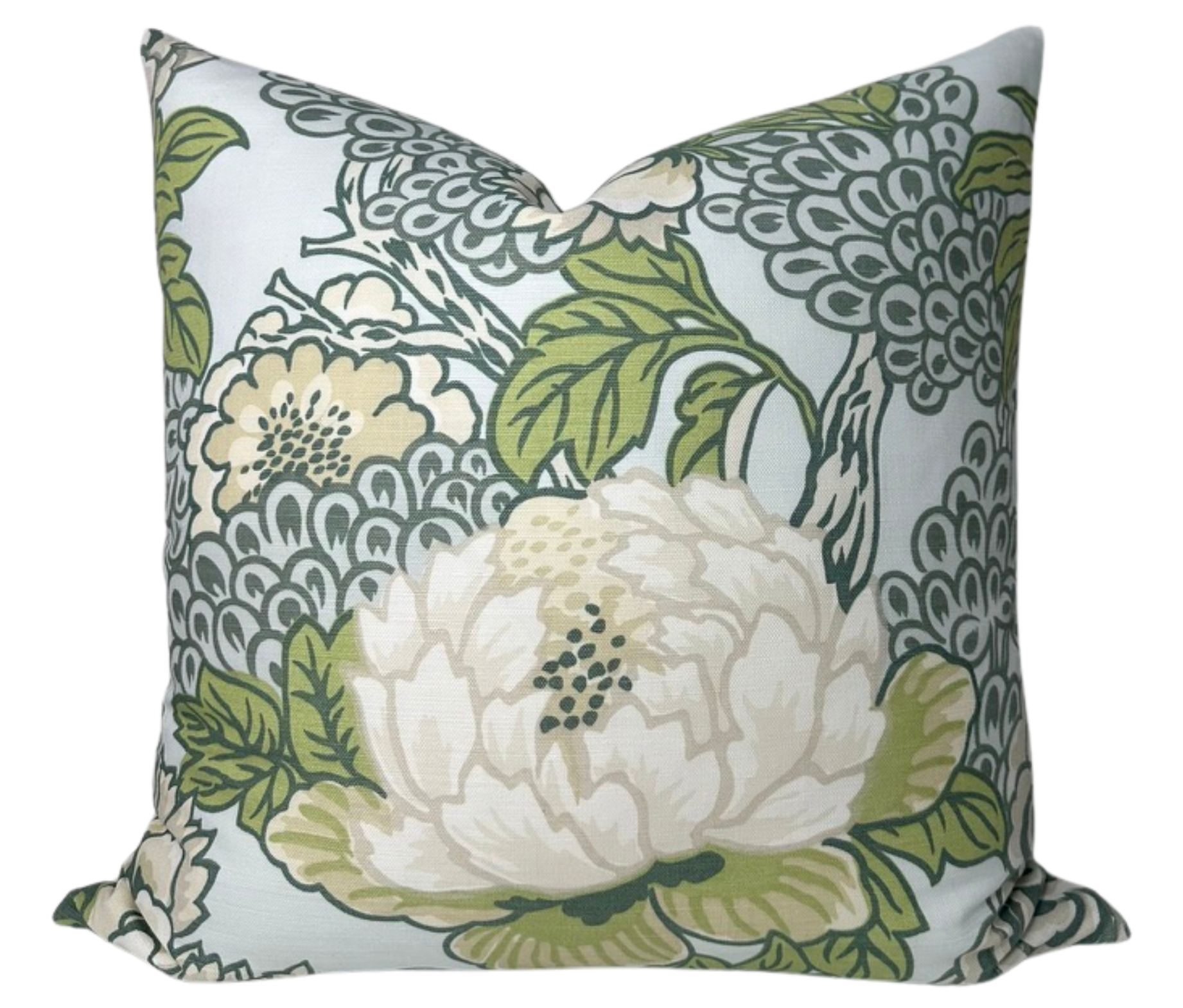 Honshu Pillow Cover in Robins Egg showing printed fabric front and ivory linen back
