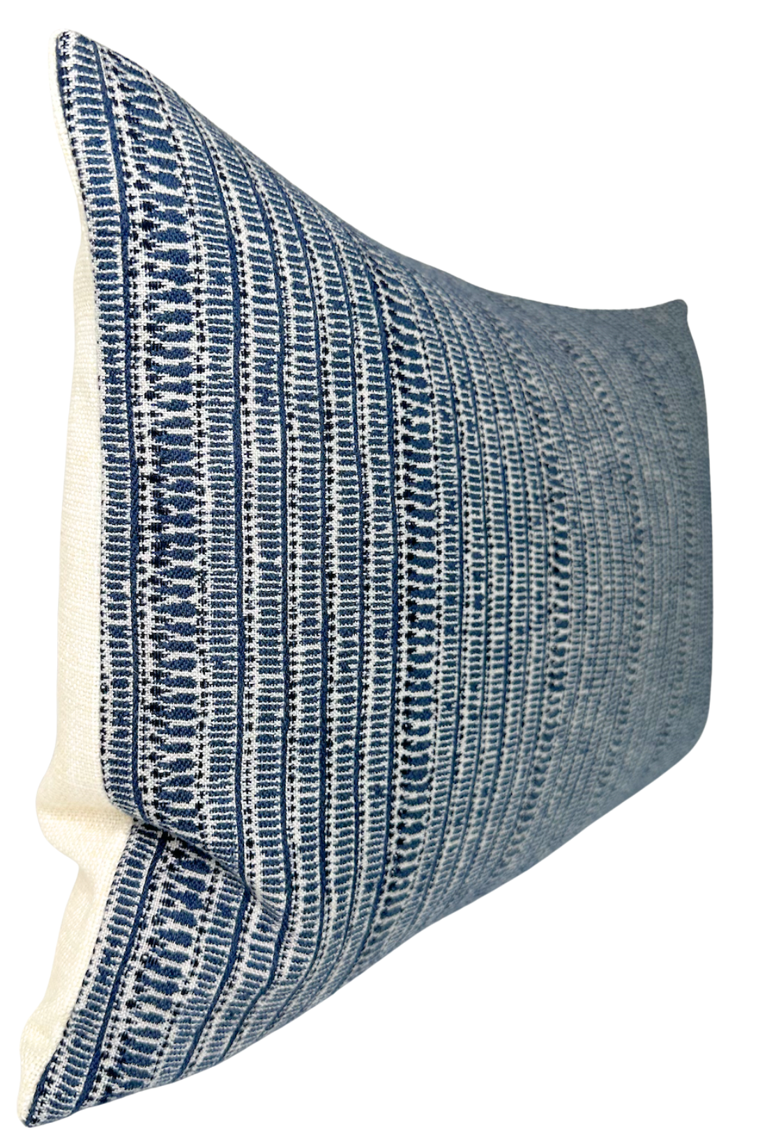 Rectangular pillow cover with textured woven pattern in shades of Pacific blue and white, showcasing vertical and horizontal lines and small dot motifs.