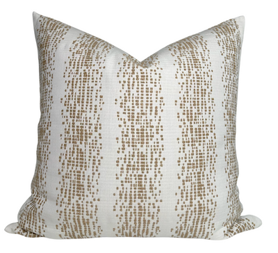 Balboa Pillow Cover in fawn brown woven fabric with ivory linen backing, displayed on a seating surface