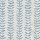 Close-up of a linen fabric with a repeat pattern of vertical blue leafy branches on a white background.