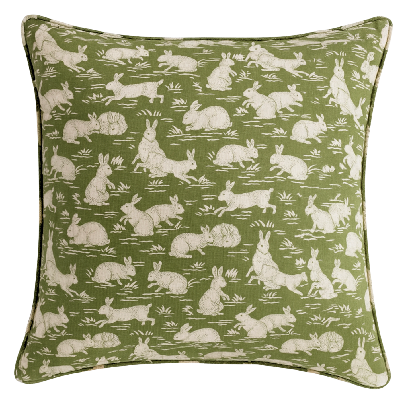 Cottontails Pillow Cover in Sage Green showing printed fabric front and ivory linen back