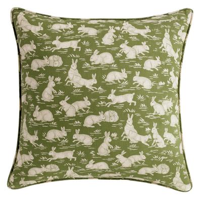 Cottontails Pillow Cover in Sage Green showing printed fabric front and ivory linen back