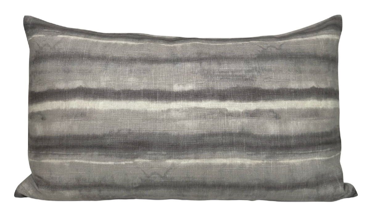 Rectangular pillow cover with horizontal charcoal and gray stripes featuring a soft, watercolor-like texture.
