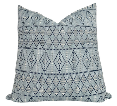 Souk Woven Pillow Cover in Indigo Sky showing woven blue geometric patterns