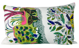 Rectangular pillow cover in white with a colorful botanical print featuring green limes, dark blue leaves, pink and black abstract floral shapes, and small scattered flowers.