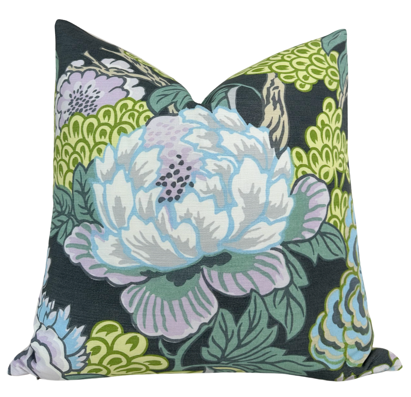 Honshu Pillow Cover in Grey showing printed fabric front and ivory linen back