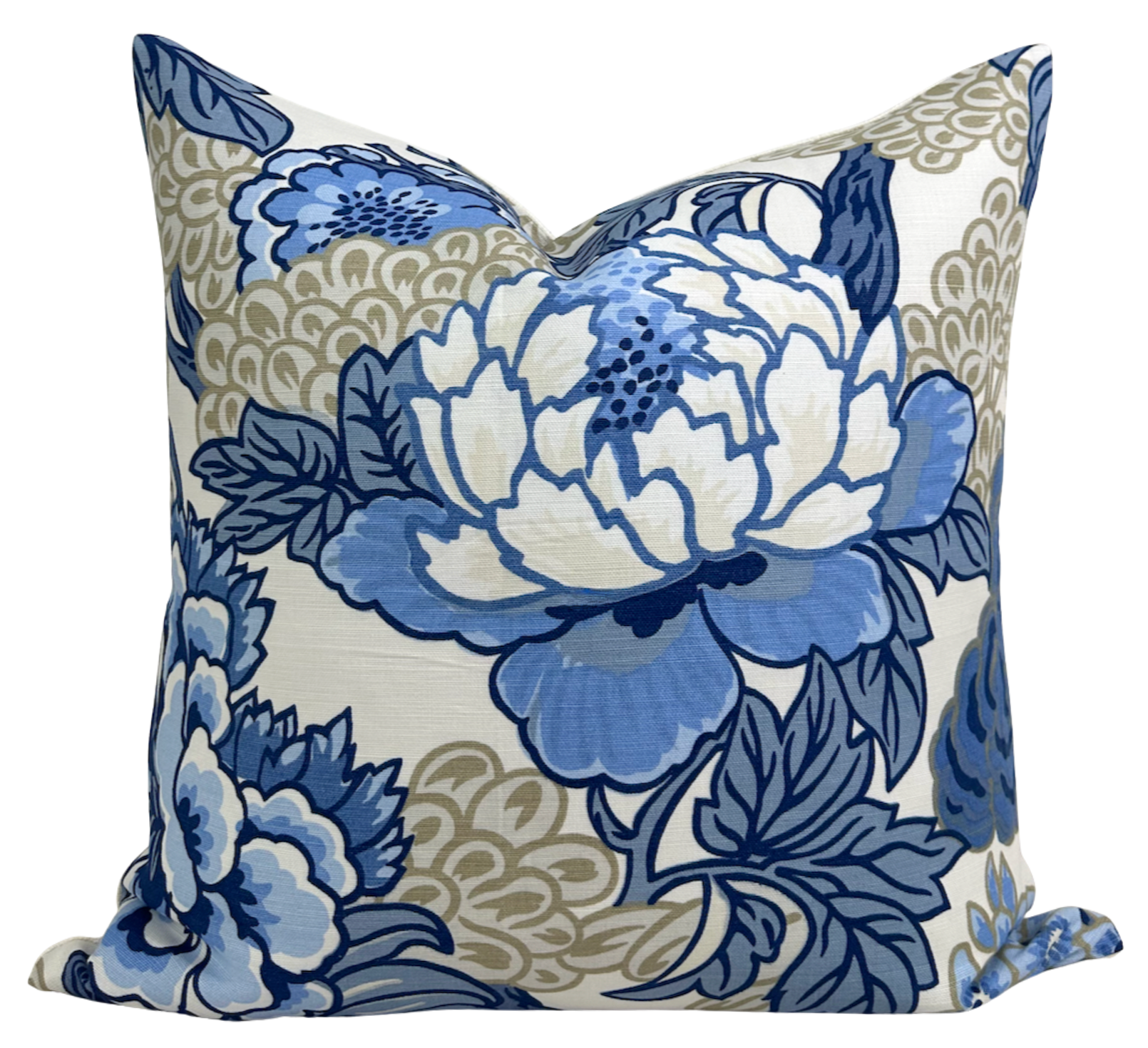 Honshu Pillow Cover in blue and beige front with ivory linen back