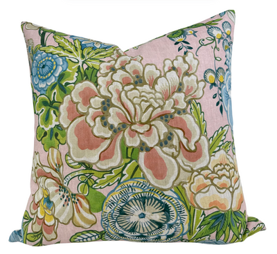 Peony Garden Floral Pillow Cover in Blush showing soft floral pattern and ivory linen back