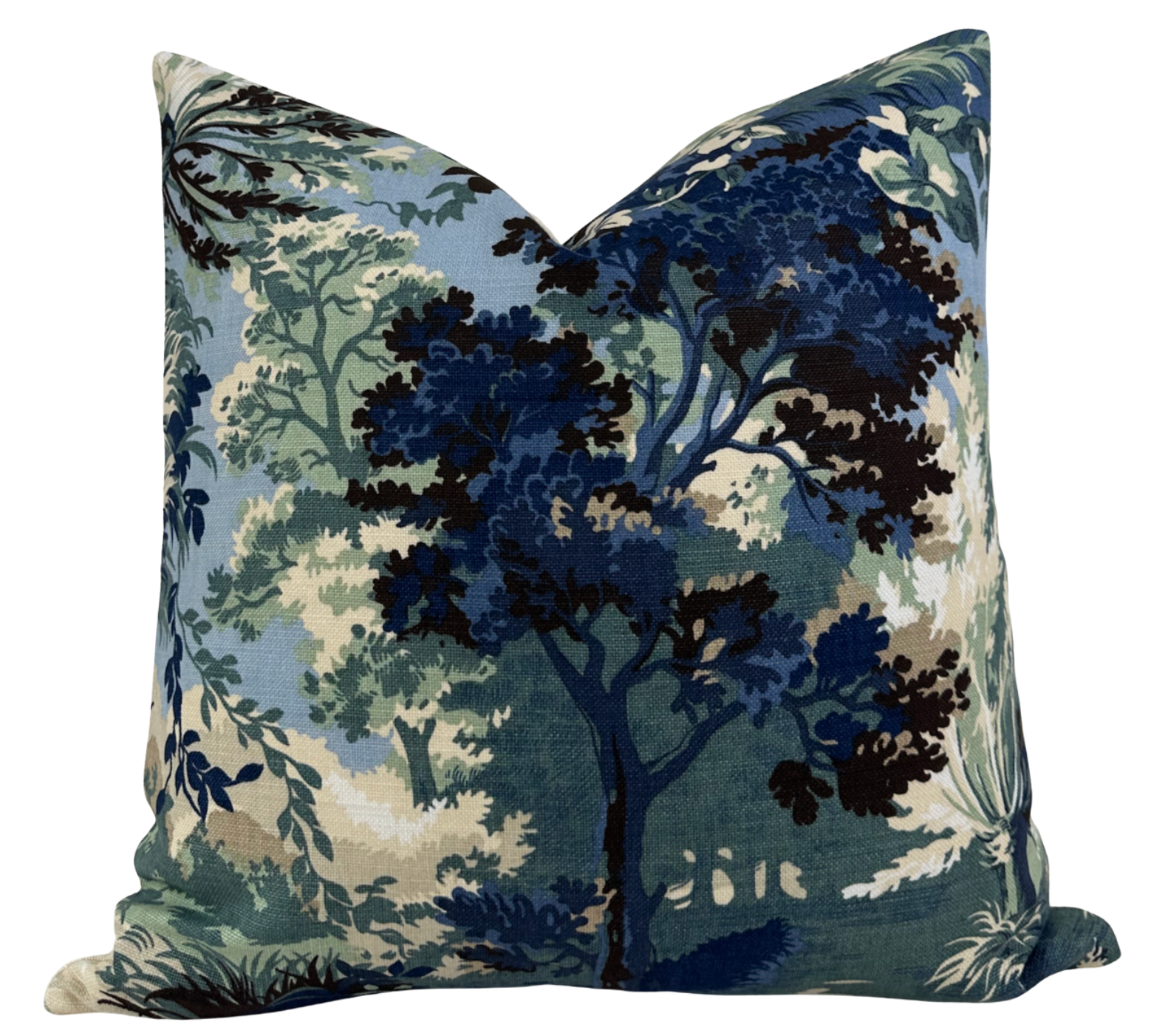 Lincoln Toile Pillow Cover in navy and green with ivory linen back