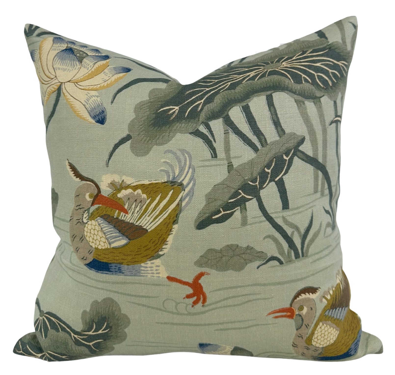 Lotus Garden Pillow Cover in Aqua showing floral Schumacher print on front and ivory linen fabric backing