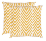 Two square pillow covers with a repeating zigzag chevron pattern in marigold yellow on a white background, displayed overlapping slightly.