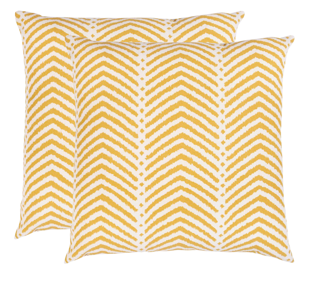 Two square pillow covers with a repeating zigzag chevron pattern in marigold yellow on a white background, displayed overlapping slightly.